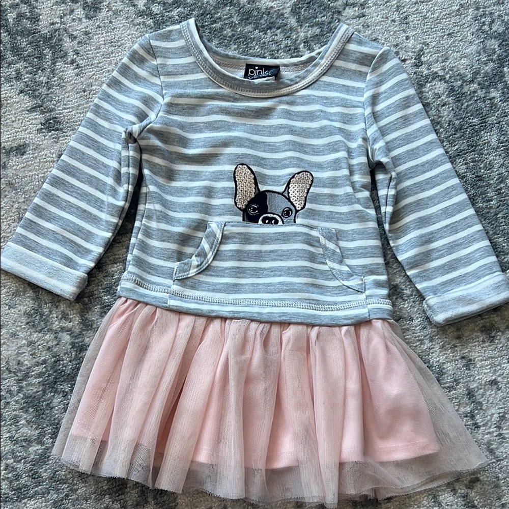 Gray and Pink Fit and Flare Dress with 3/4 Raglan Sleeves and Crew Neck